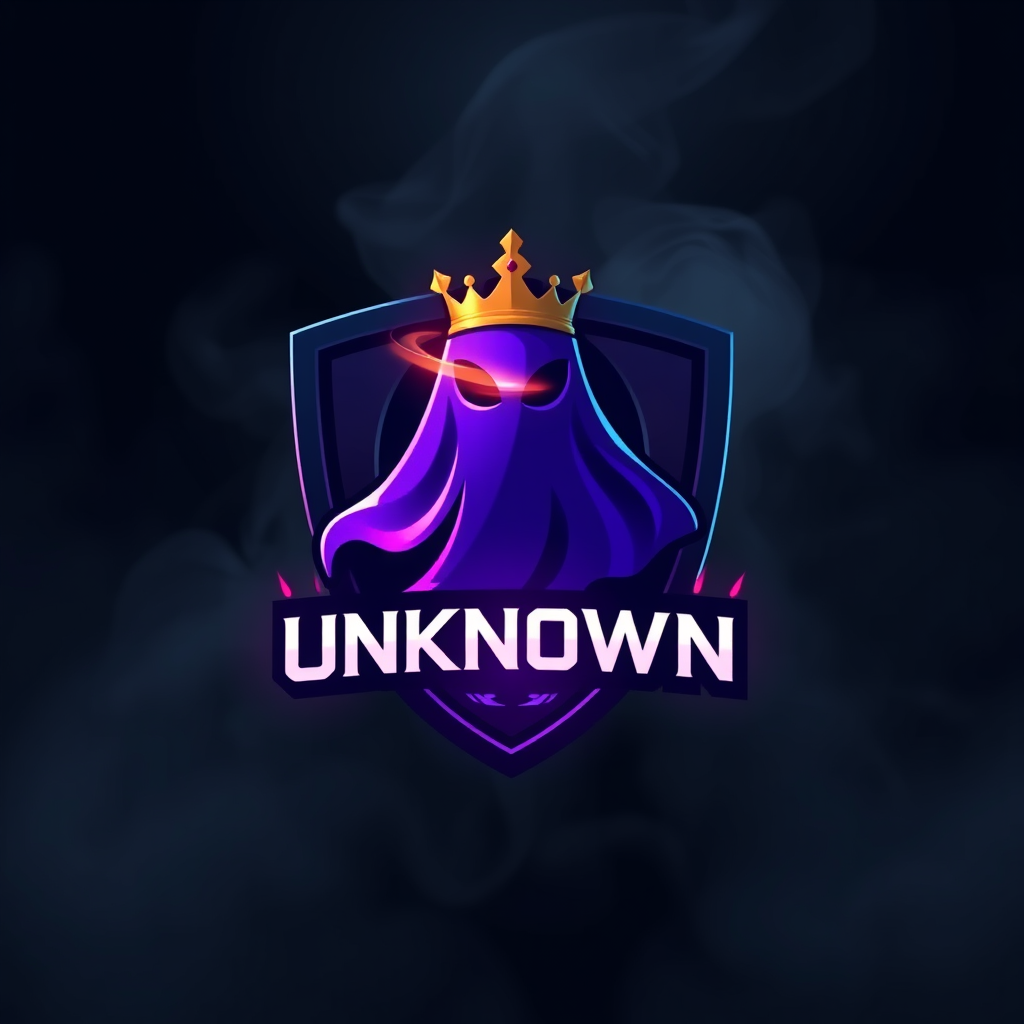 Main logo studio: Animate the UNKNOWN gaming logo into a seamless 5-second GIF. Keep the logo, ghost, crown, shield, colors and text exactly unchanged. Make the purple
