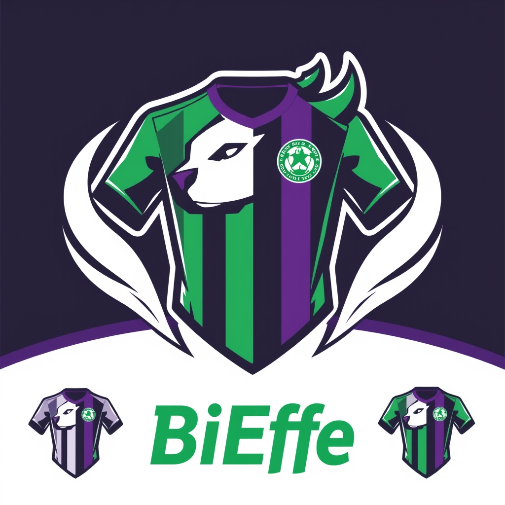 Main logo studio: Crea uno stemma professionale per una squadra di fantacalcio chiamata "BiEffe". Logo da club calcistico moderno, colori principali verde e viola, scud