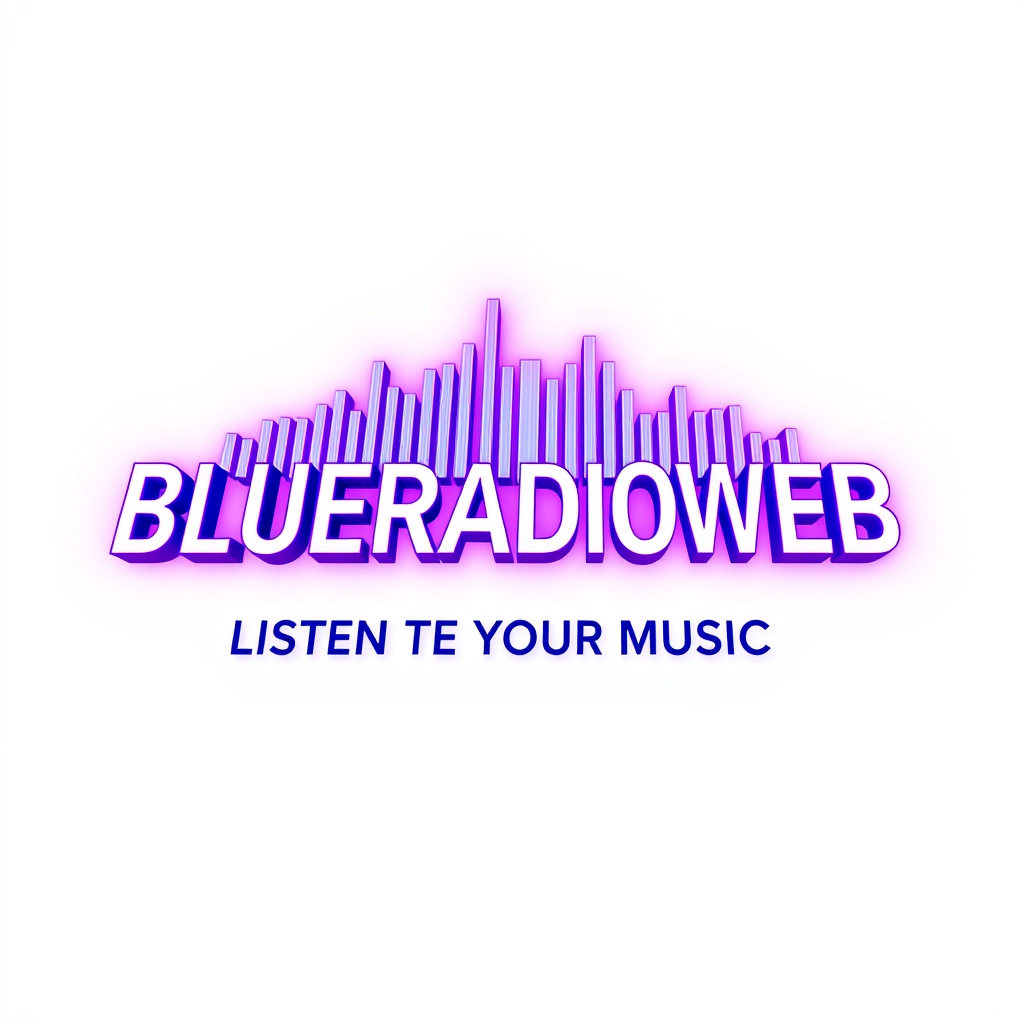 3D Logo idea: 3D logo for BLUERADIOWEB LISTEN TO YOUR MUSIC , a music tech brand, 3D sound wave form, neon purple glow , three-dimensional render, realistic depth a