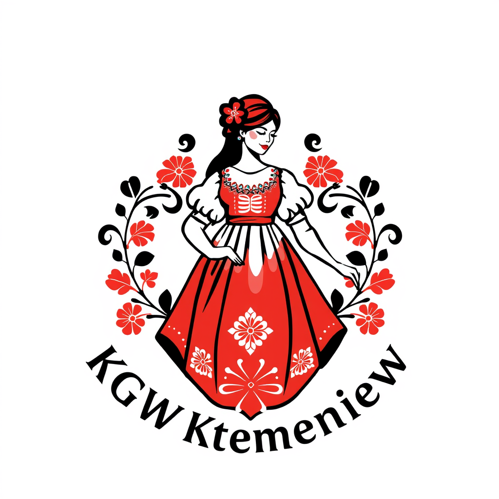 Main logo studio: Stwórz kolorowe, radosne logo na białym tle dla „KGW Krzemieniew”. Polski folklor inspirowany wzorami łowickimi. Uwzględnij czerwone róże i zielone li