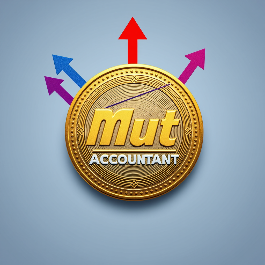 Main logo studio: Big gold coin with different size up arrows behind along side it blues and red and purple and the words Mut Accountant inside the coin Mut being much 