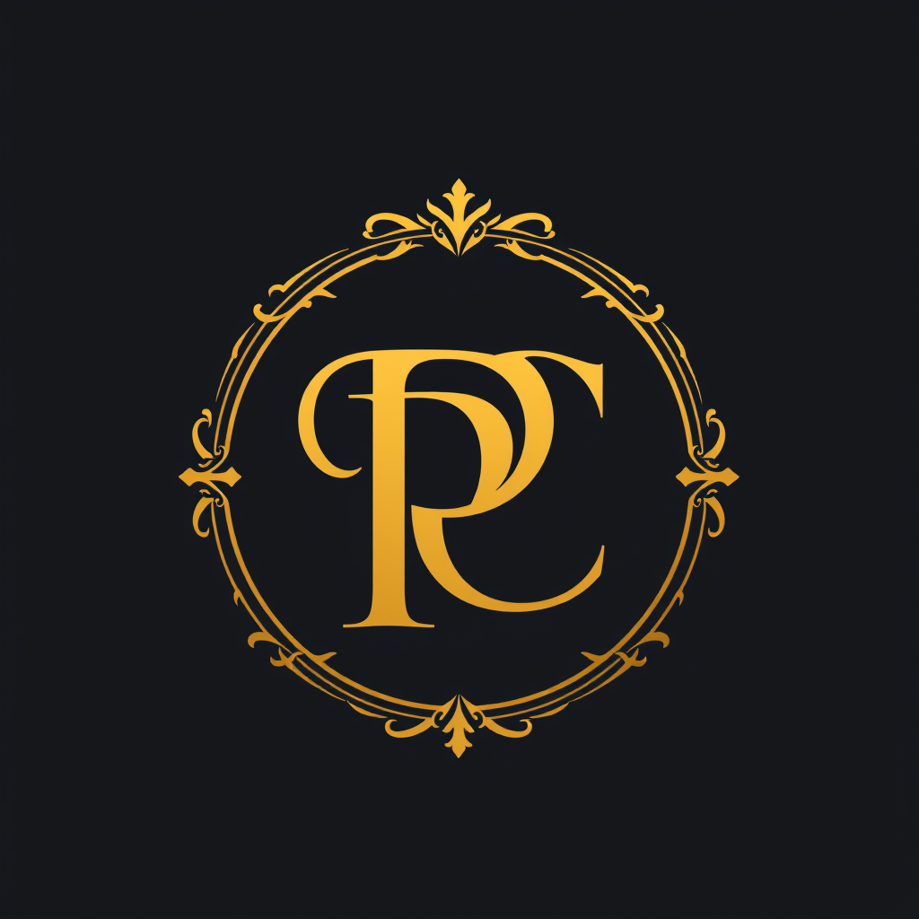 Main logo studio: elegant monogram logo combining letters P and C , gold, luxury brand