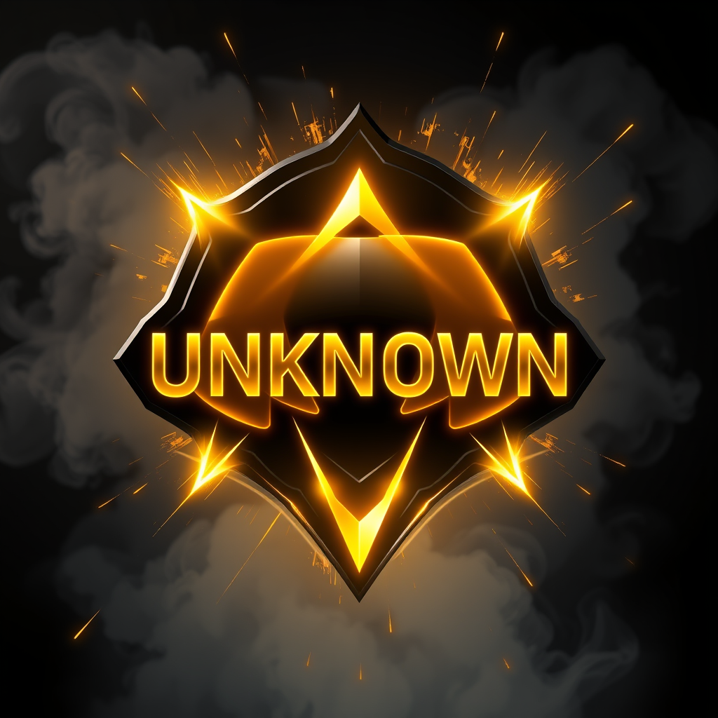 Main logo studio: Animated GIF logo for UNKNOWN, intense gaming and esports style. Keep the original black and gold design. Add glowing golden energy, sparks, light str