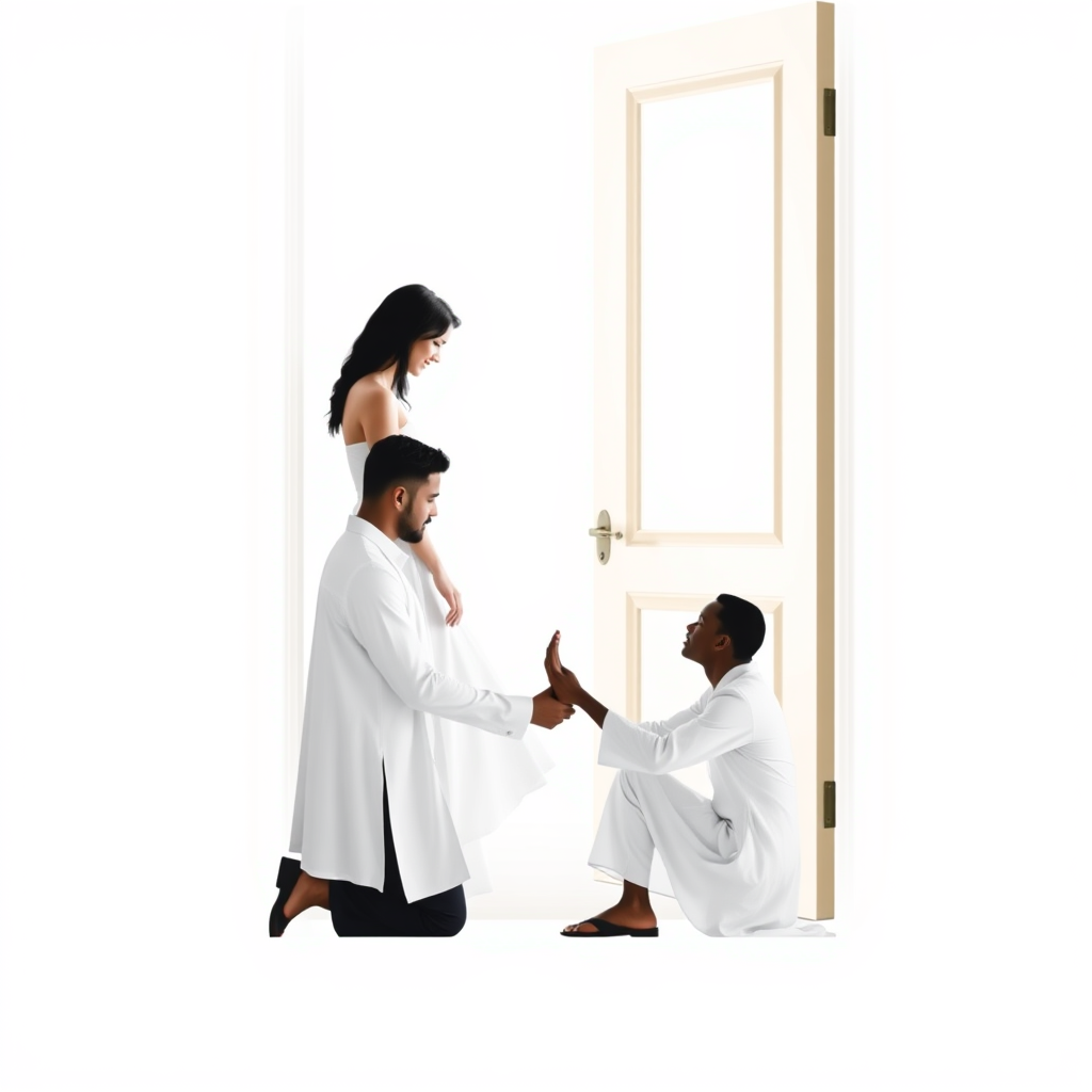 Main logo studio: A woman in a white dress stands at a doorway, looking at a kneeling man as she extends her foot toward him while he puts on her shoe. A spiritual symb
