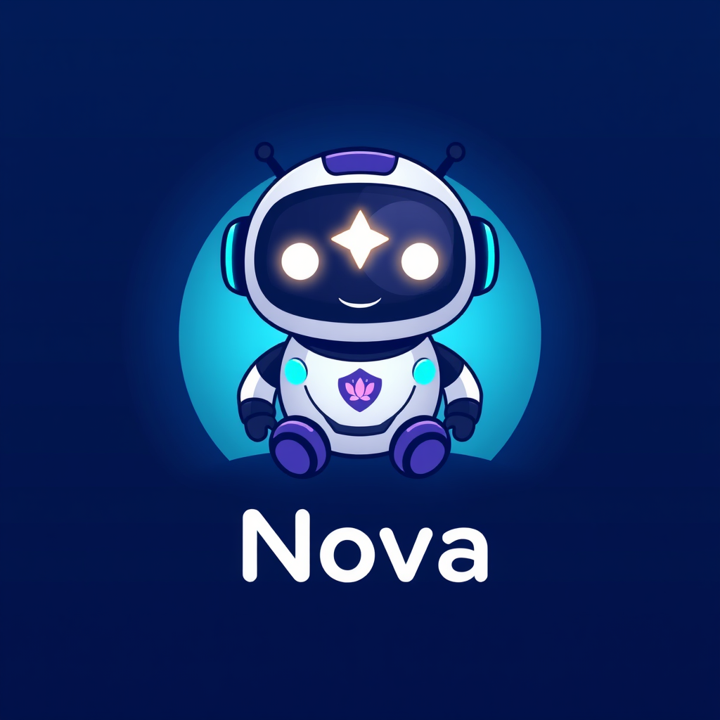 Main logo studio: rounded app icon logo for a meditation app, calming gradient, lotus symbolCute futuristic AI robot mascot logo for “Nova”. Small rounded robot with ad
