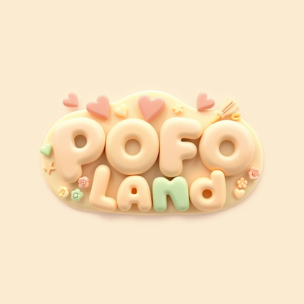 Main logo studio: Create a cute, warm, handmade clay-style logo for the brand “POFO LAND”. Use soft pastel colors (cream, peach, pink, sage green, baby blue, warm brown