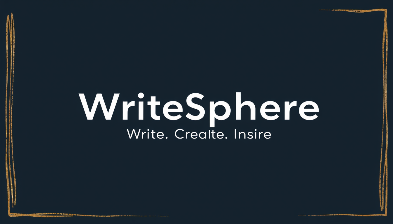 Main logo studio: YouTube banner 2560x1440 for “WriteSphere”. Show ONLY once: “WriteSphere” and “Write. Create. Inspire.” Keep BOTH lines very small and exactly centere