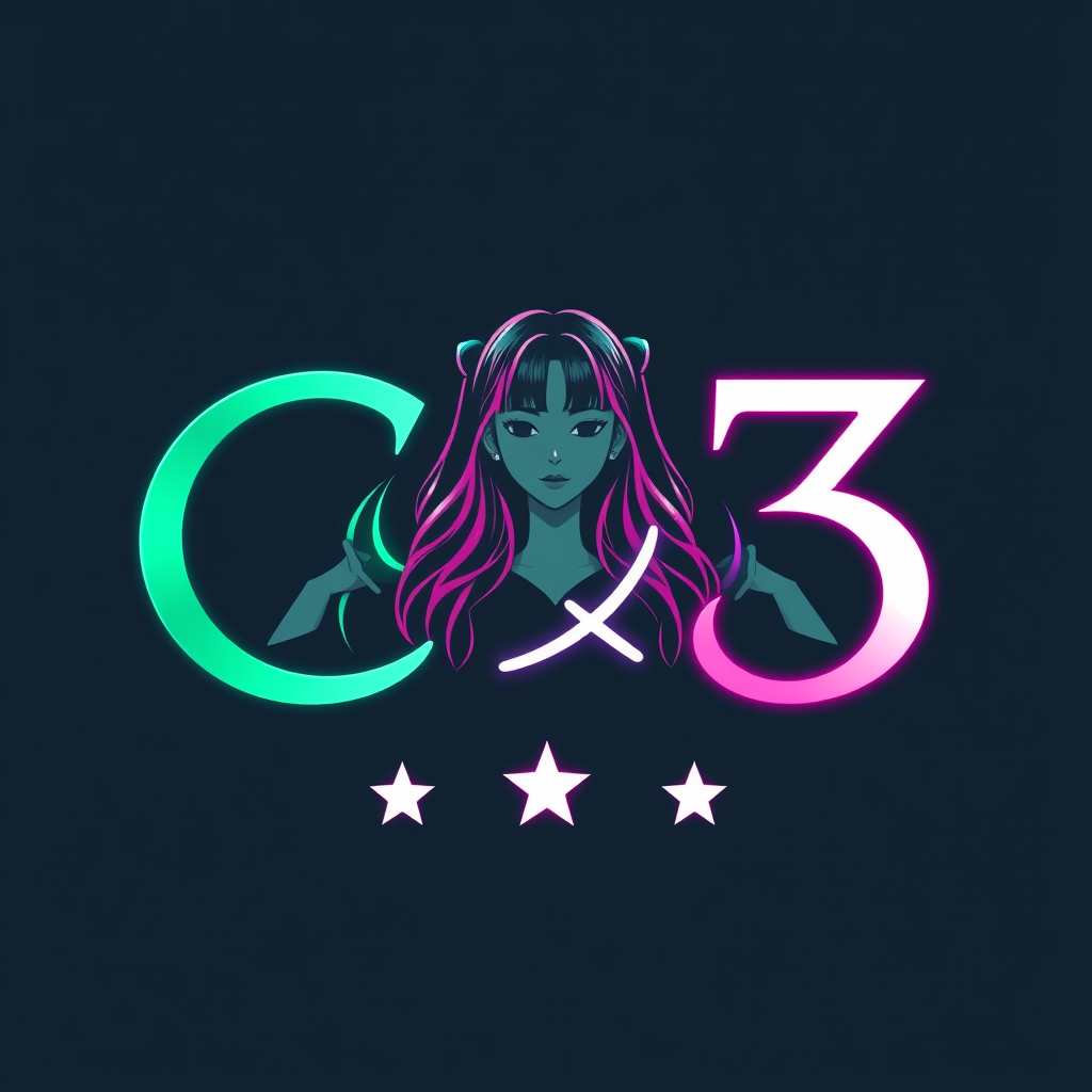 Main logo studio: K-pop girl group logo, “C♡3”, three members, emerald green, vivid pink and white, mysterious, powerful, elegant, futuristic Korean-inspired style, thr