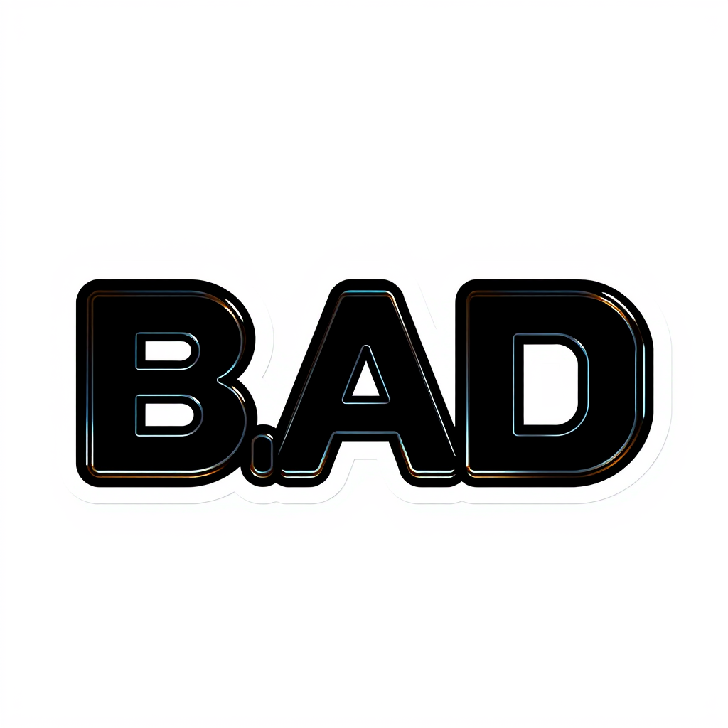 Main logo studio: Brand name B.A.D , reflective dark style colours, letter tipografi easy to read , diferent from common AI makers , with shape to make a sticker