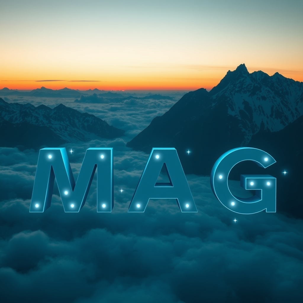 Main logo studio: aeromag, las letras de los extremos mantienen la proporcion las demás letras del texto se proyectan hacia el fondo, laletra o esta formada por medias