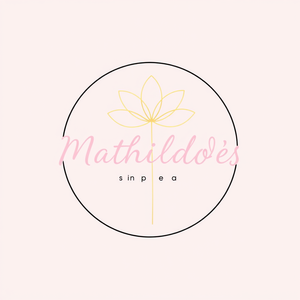 Main logo studio: Create an elegant logo for “Mathilde’s Shop – Jewelry + More”. Use a single continuous line to draw a beautiful flower inside a circle. The flower mus
