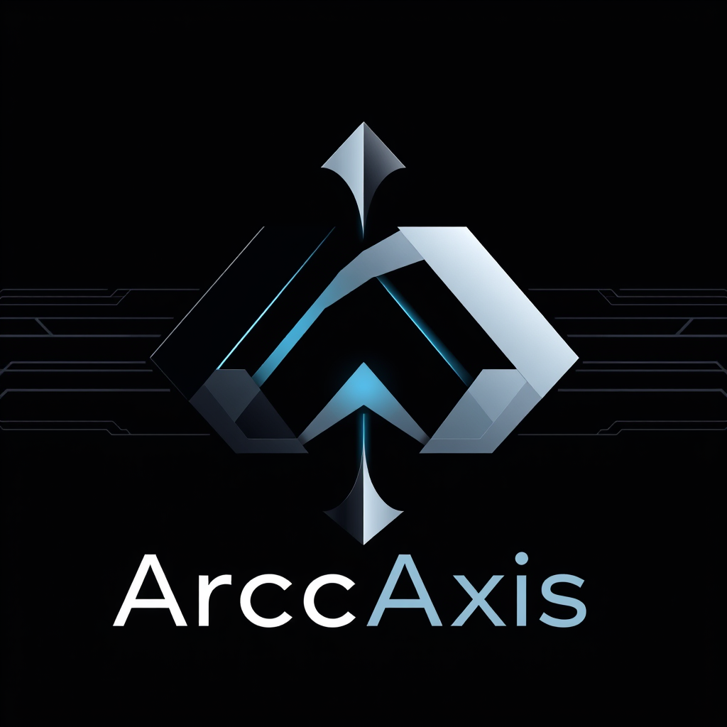 Main logo studio: Create a premium futuristic tech logo for the brand “ArcAxis”. The brand name MUST be spelled exactly “ArcAxis” with capital A and A, and must never b