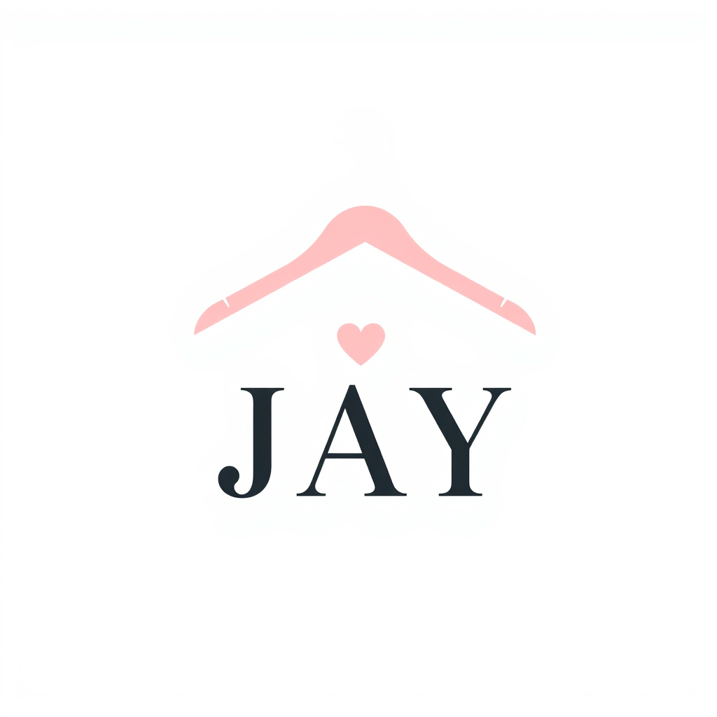 Main logo studio: Create a premium, cute and memorable logo for JAY FASHION, a children's and baby clothing brand. Use a simple elegant baby hanger with a tiny heart in