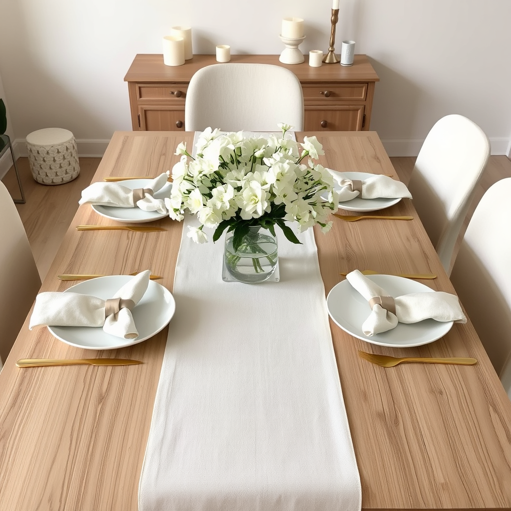 Main logo studio: Create a calm and elegant dining table using a palette of cream, beige, white, and soft natural wood. Add a linen table runner, 4 ceramic plates, simp