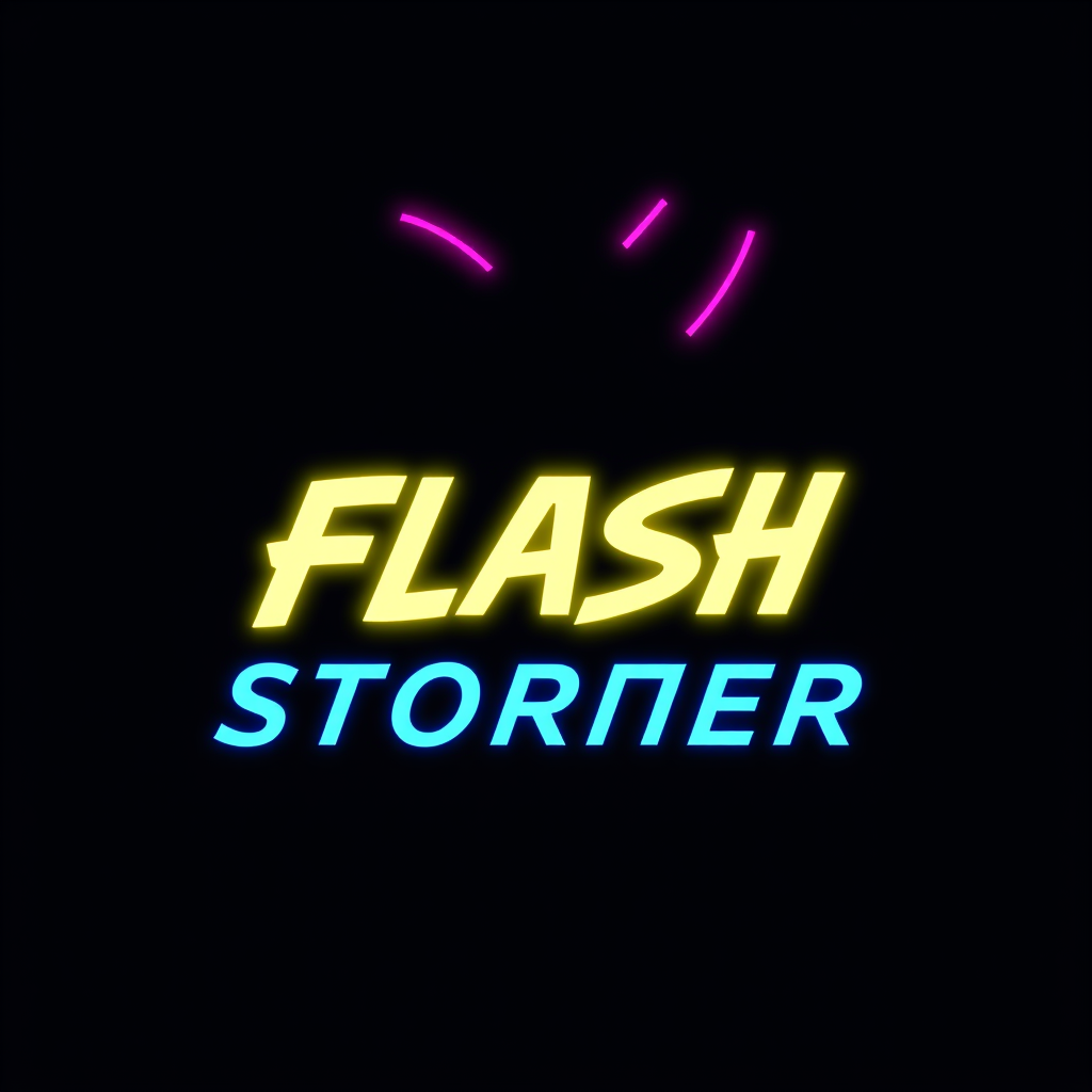 Main logo studio: flash stormer simples logo mit flASH stormer aufschrift drei farbig lila neongelb marinblau