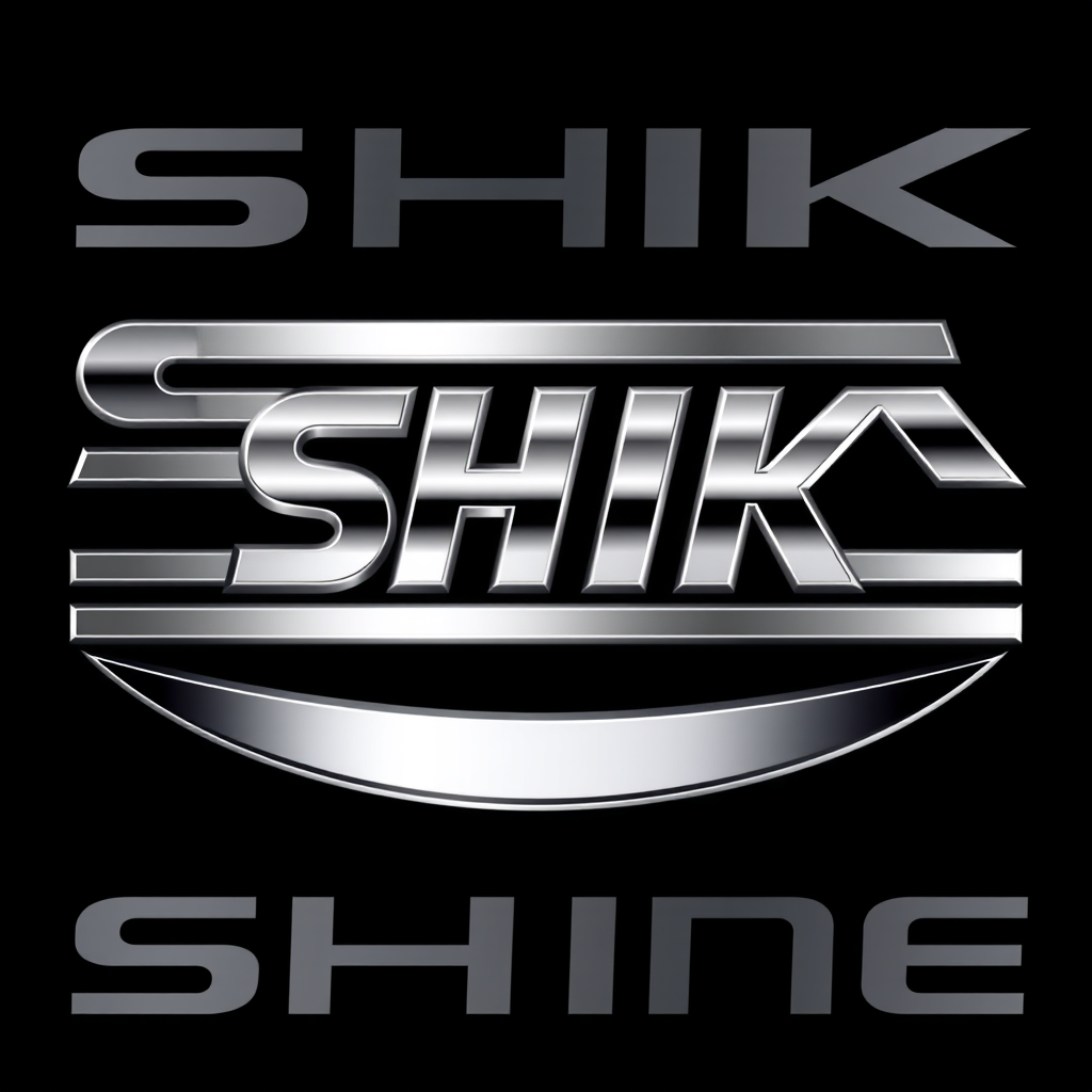 Main logo studio: SHIK SHINE — luxury wordmark logo, custom metallic silver typography, glossy black, orbital polisher subtly integrated into the lettering, sleek autom