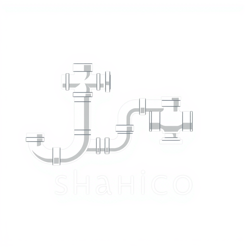 Main logo studio: Design a modern minimalist logo for "SHAHICO". Construct the first letters "SH" from stylized industrial pipes, elbows, couplings, fittings and electr