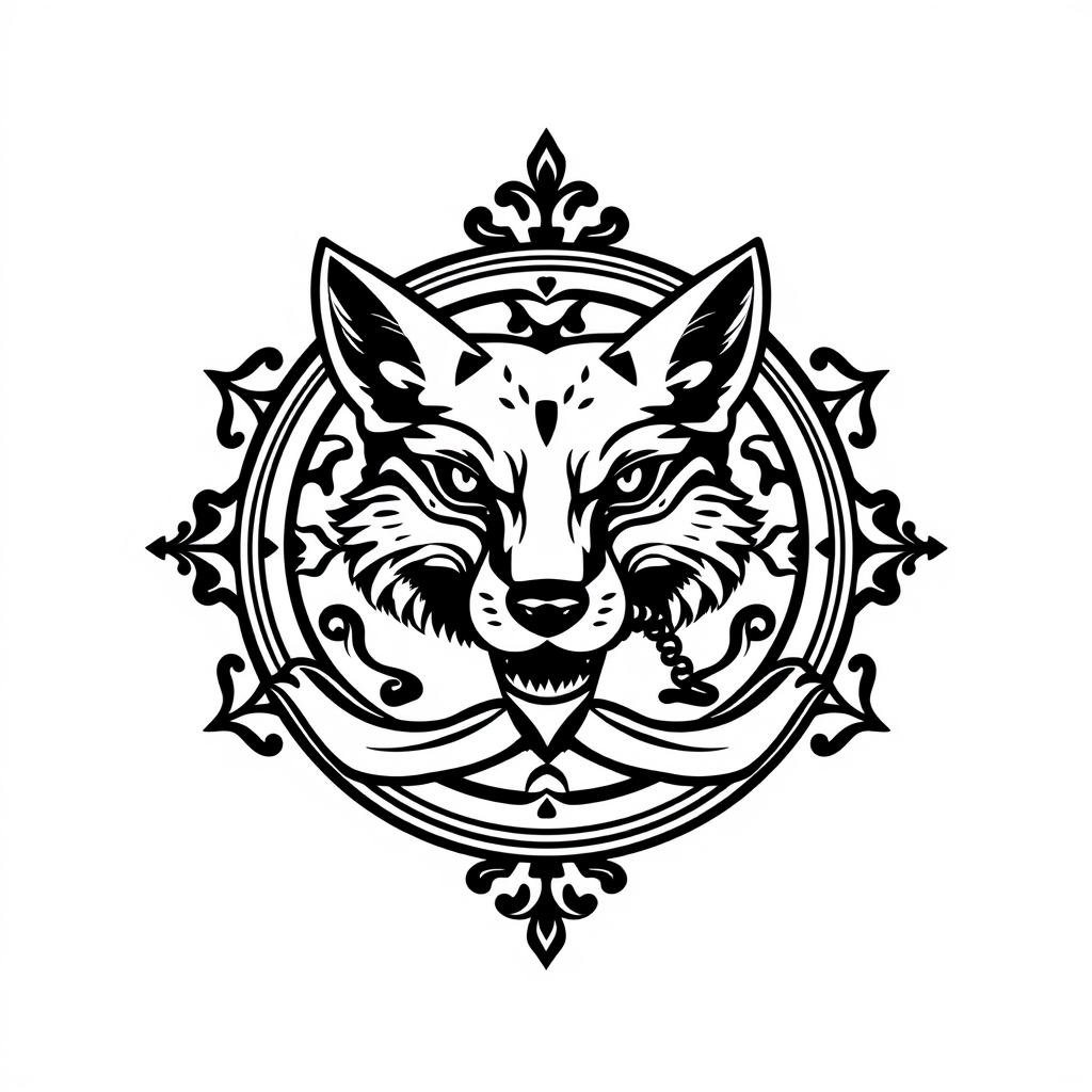 Emblem Logo idea: emblem logo of Change the fox to a shark , intricate crest seal badge design, symmetrical emblem, detailed border ornament, flat vector logo, centered
