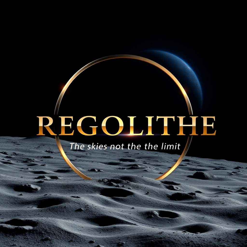 Main logo studio: premium Facebook branding graphic for REGOLITHE. Make REGOLITHE The skies not the limit there are footprints on the moon the central focus in elegant,