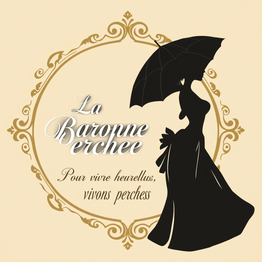 Main logo studio: Crée un logo élégant. Un cadre doré rococo. Au centre : « La Baronne Perchée » en écriture manuscrite calligraphiée, lisible. En dessous, en calligrap
