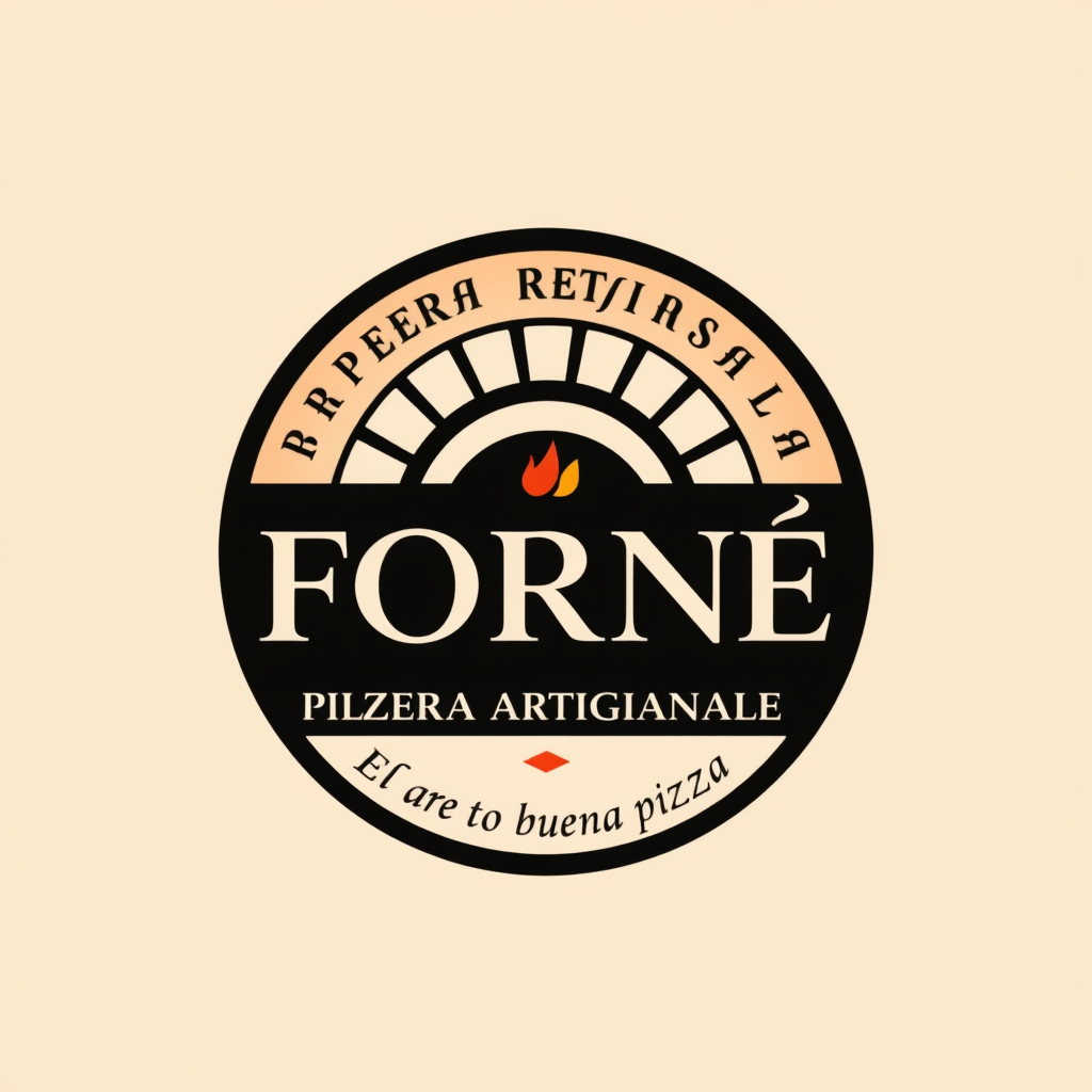 Main logo studio: Create an elegant Italian pizzeria logo for FORNÉ. Include "PIZZERIA ARTIGIANALE" and "El arte de una buena pizza." Use refined serif typography, terr