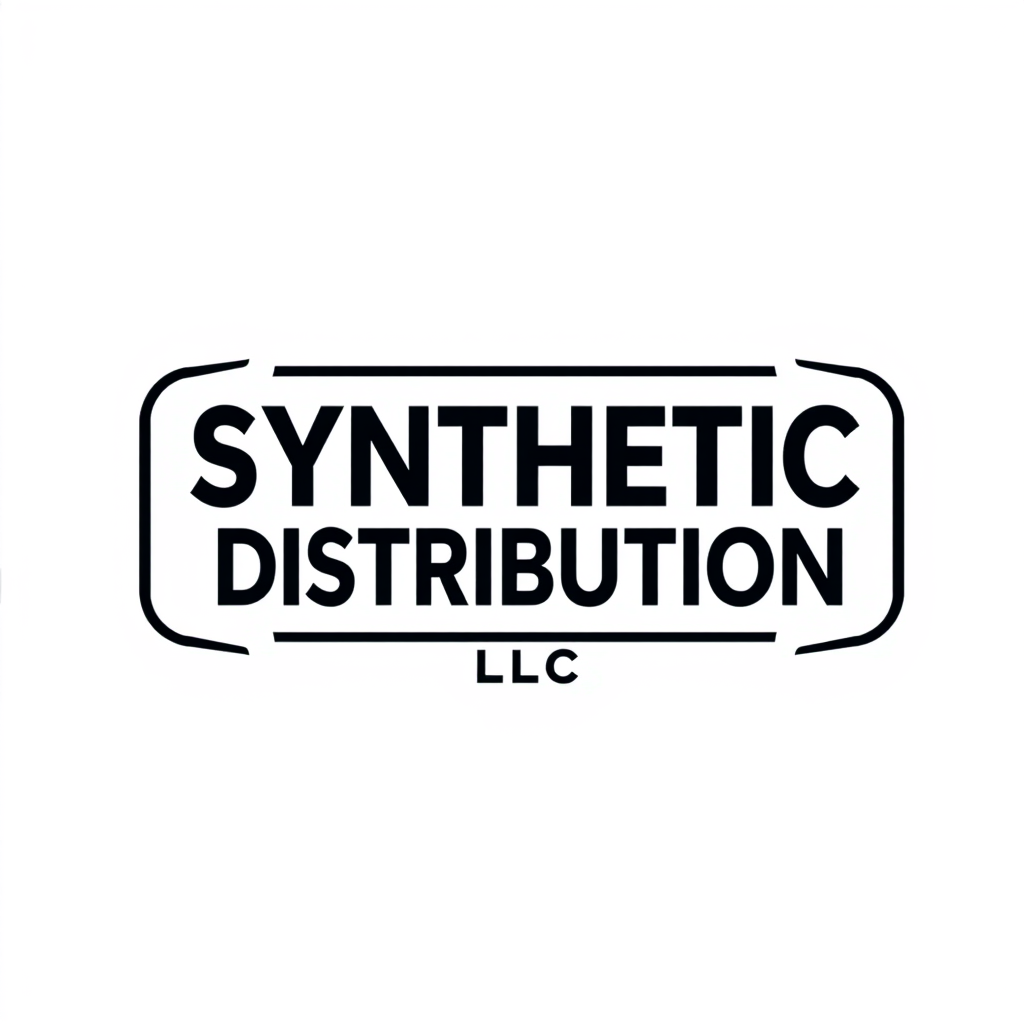 Badge Logo idea: badge logo for Synthetic Distribution LLC , bold badge design, text enclosed in a rounded rectangular or circular badge shape, thick border, clean typ