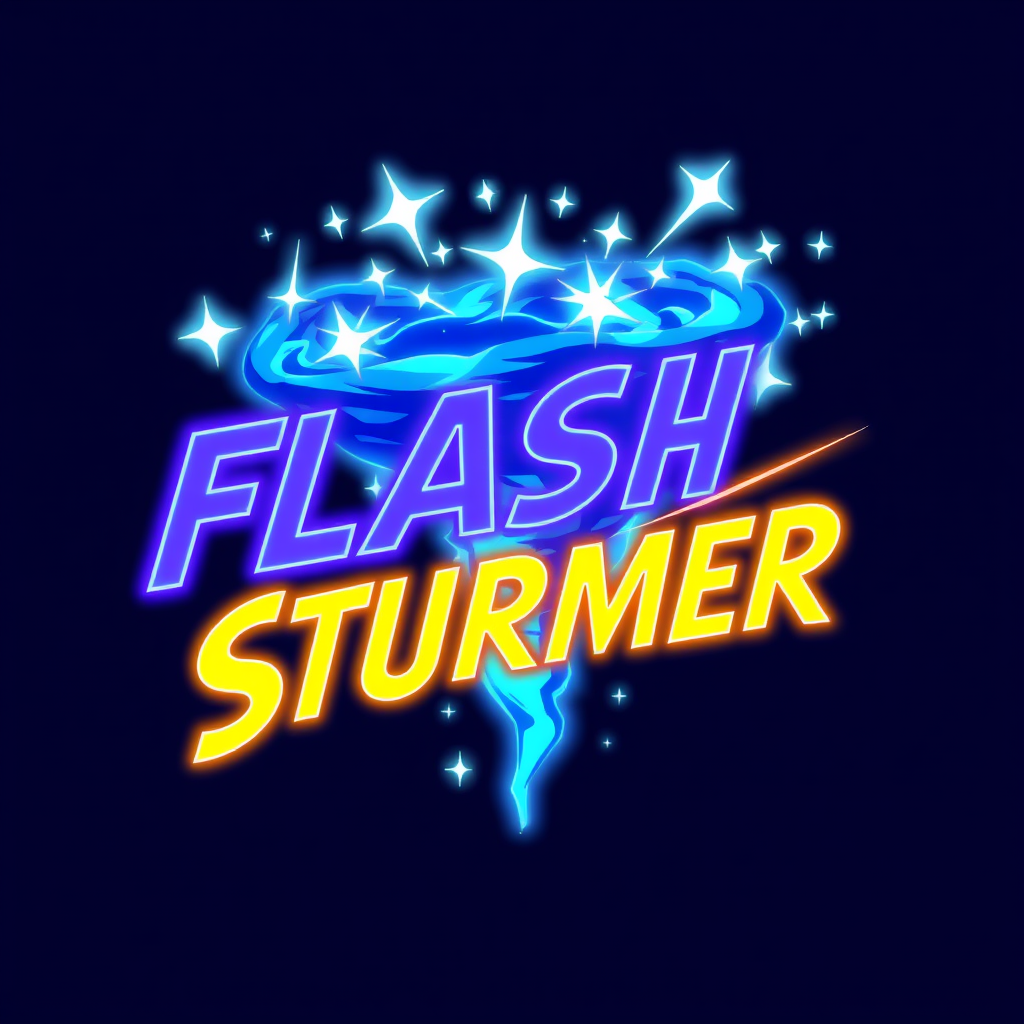 Main logo studio: flash stormer aufschrift drei farbig lila neongelb dunkelblau tornado bestehend aus blitzen mehr blau ohne sterne mit mehr blitzen flash stormer aufsc