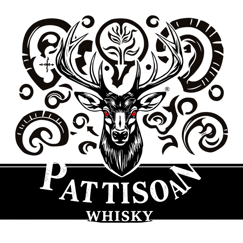 Vintage Logo idea: vintage retro logo for Pattison whisky, paisley pattern black and white, classic traditional and authentic malt whisky, very Scottish design like pais