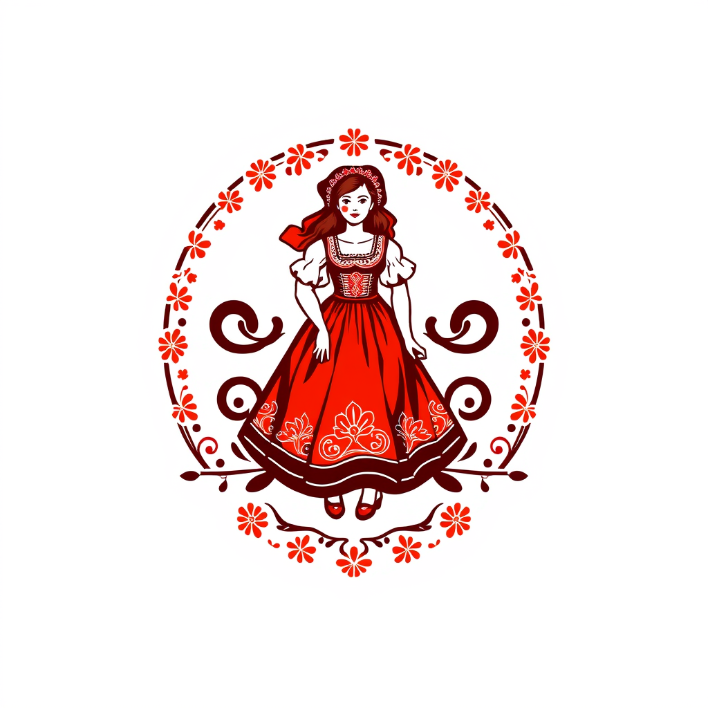 Main logo studio: Stwórz kolorowe, radosne logo na białym tle dla „KGW Krzemieniew”. Polski folklor inspirowany wzorami łowickimi. Uwzględnij czerwone róże i zielone li