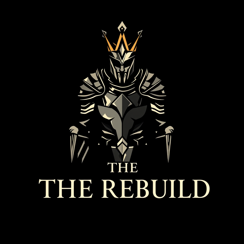 Main logo studio: Luxury logo for **THE REBUILD**. Show one battle-worn soldier in a broken, weakened state, gradually emerging from his damaged armor as a powerful kin