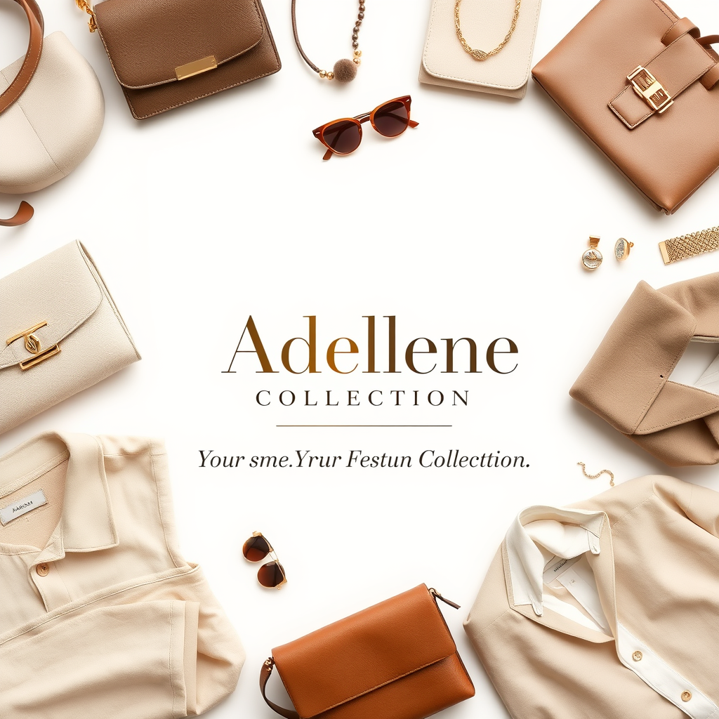 Main logo studio: Create a realistic elegant and classy fashion boutique welcome image for a brand called “Adellene Collection.” Use a sophisticated neutral color palet