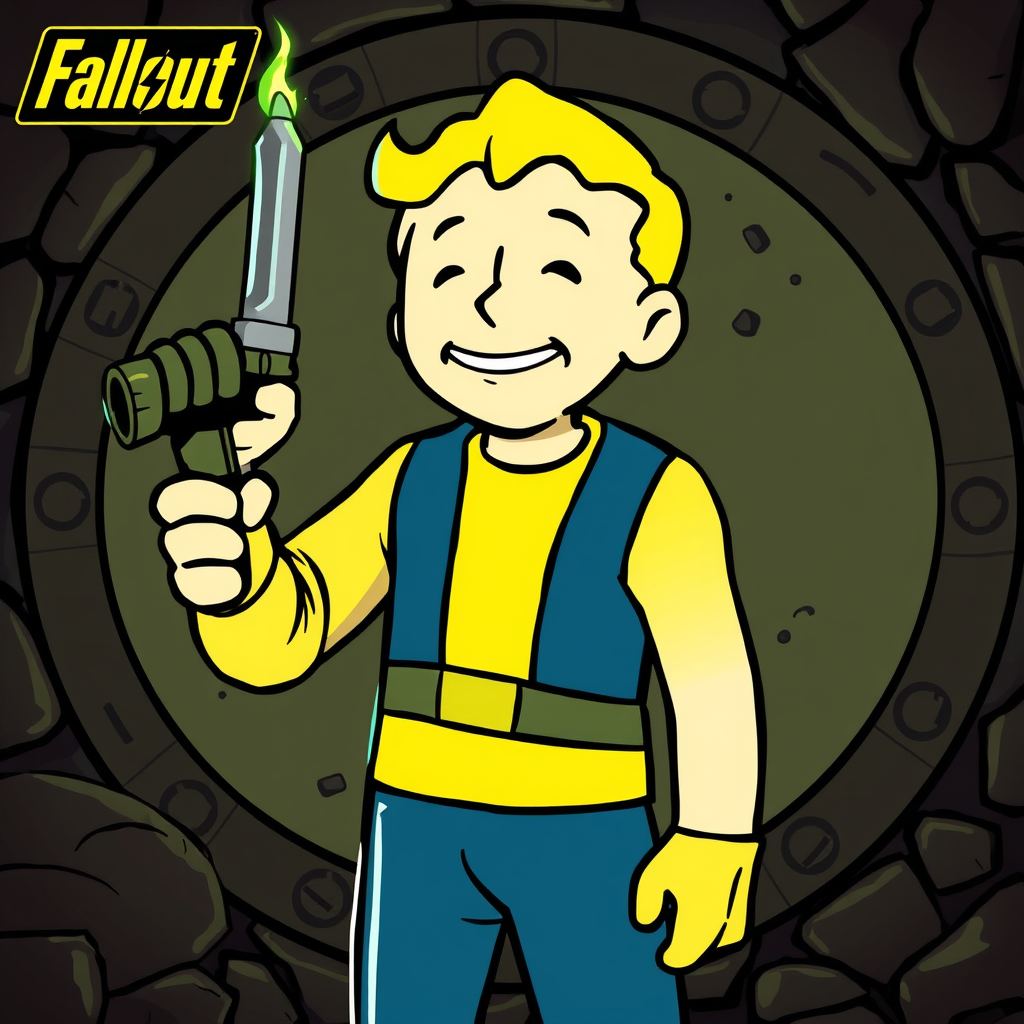 Main logo studio: Vault boy from fallout, with the Drip of: the relentless from the game valor mortis