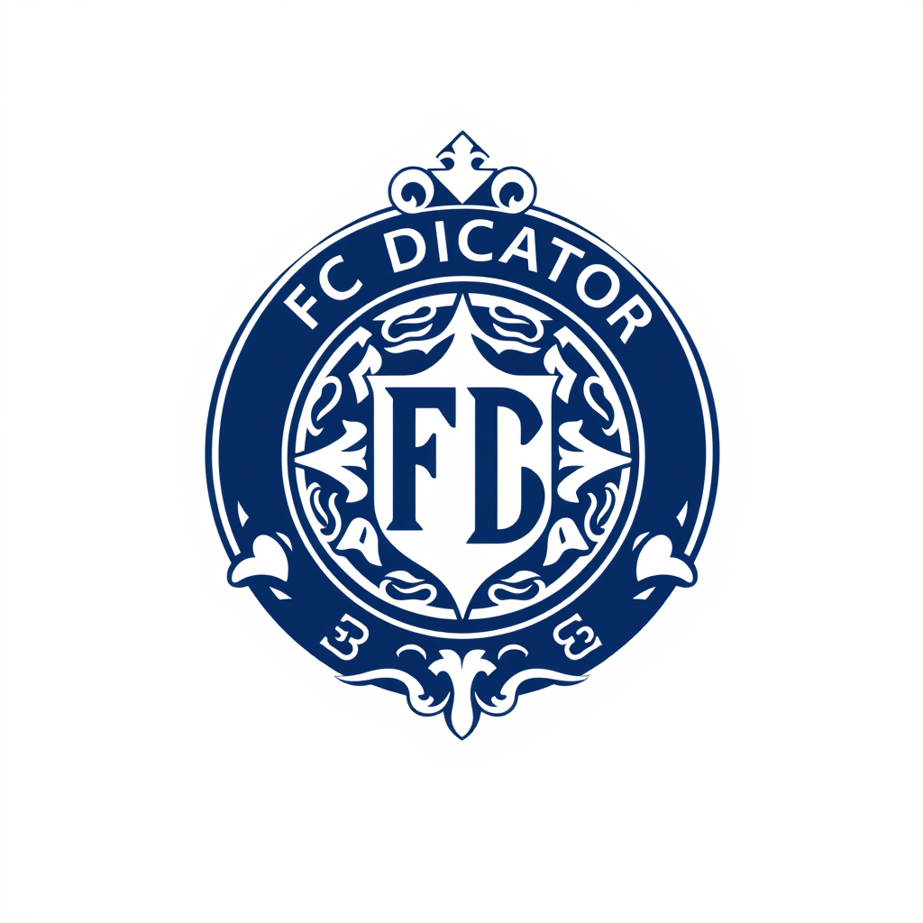 Emblem Logo idea: emblem logo of FC Dictator soccer club, colors: navy blue, Estd. 1921,slogan: ALLEZ LES BLEUS , intricate crest seal badge design, symmetrical emblem,