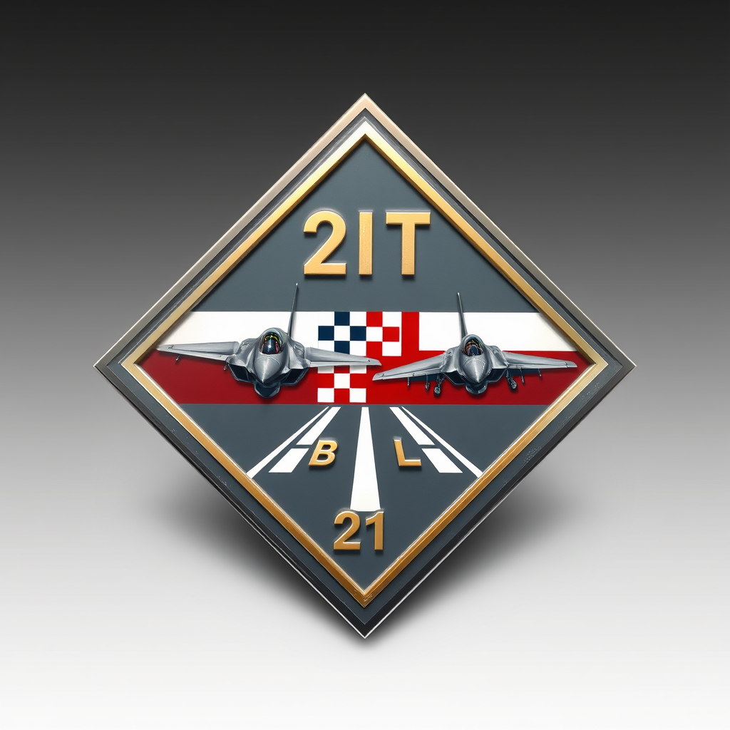 Main logo studio: Create a military badge for the 21st Tactical Air Base in Świdwin, Poland. Use a diamond-shaped shield with silver and gold borders. Feature an accura