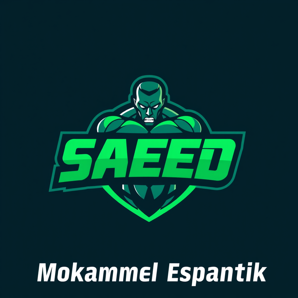 Main logo studio: Aggressive, powerful logo for a sports supplement store. Teal-green and dark colors, bold muscular style, sharp modern design. “SAEED” at the top and 