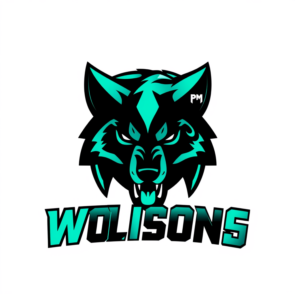 Wordmark Logo idea: wordmark logo of bold esports team emblem logo, a roaring wolf head, black and neon teal , bold clean typography, flat vector logo, centered, solid wh