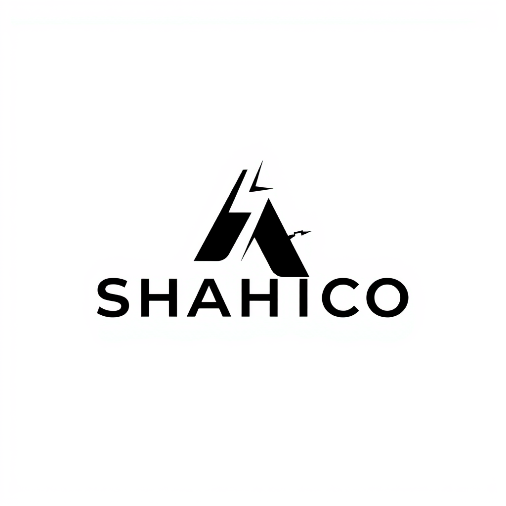 Main logo studio: Create a minimalist wordmark logo for "SHAHICO". Keep the full word SHAHICO clean and clearly readable. Integrate a subtle industrial electrical symbo