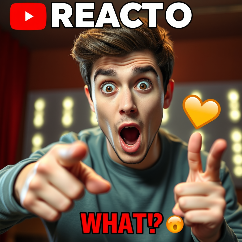 Main logo studio: Viral YouTube reaction thumbnail for REACTO. Use a realistic young male creator with a surprised, excited expression, close-up face, pointing toward t