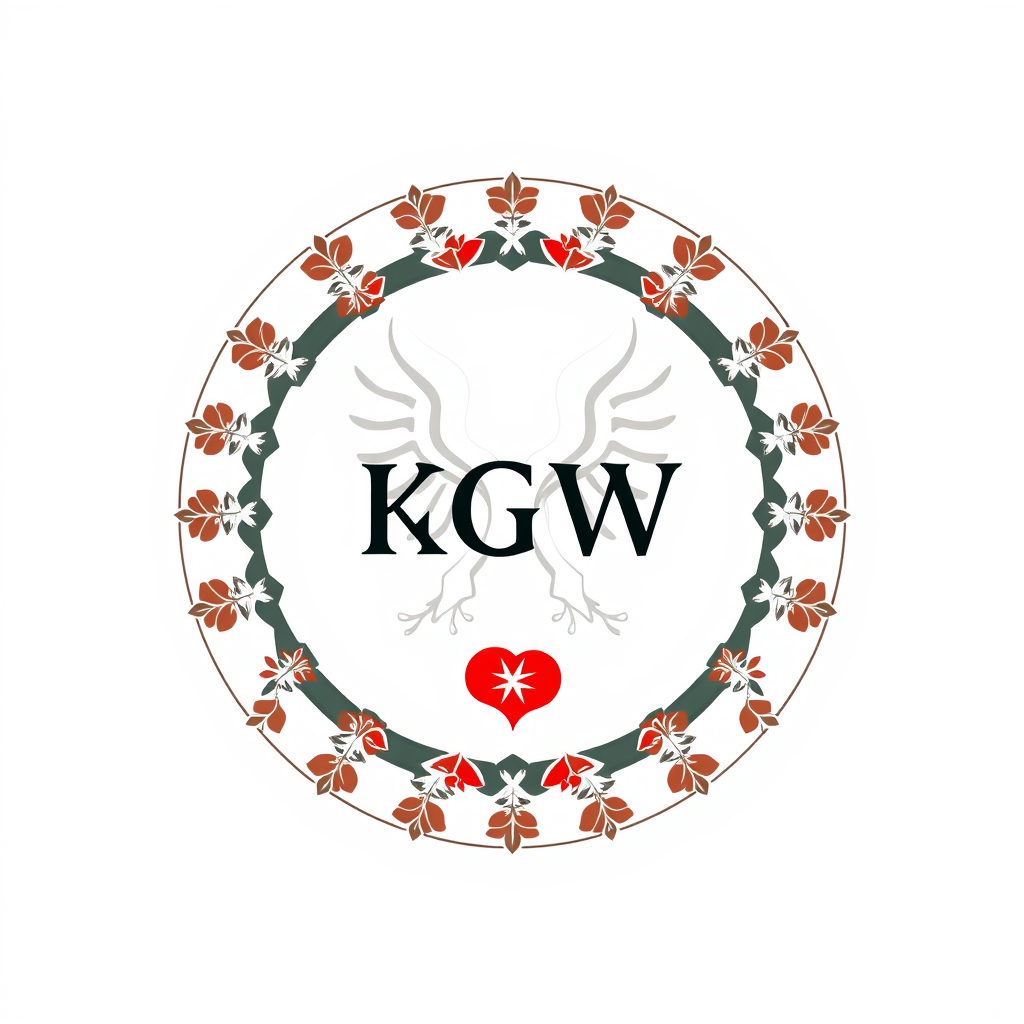 Main logo studio: Stwórz kolorowe, radosne logo na białym tle dla „KGW Krzemieniew”. Polski folklor inspirowany wzorami łowickimi. Uwzględnij czerwone róże i zielone li