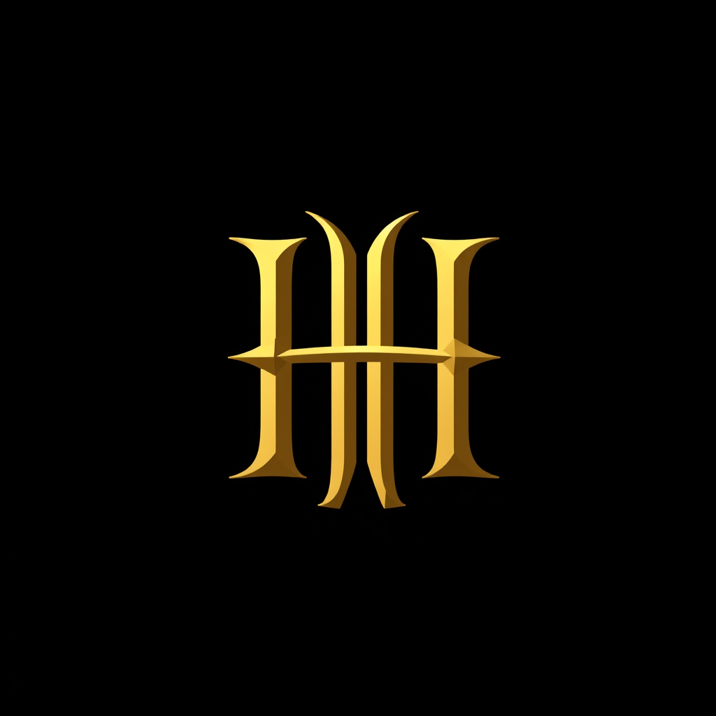 Lettermark Logo idea: lettermark logo of the letters N H, a online mysterious and psychological gaming startup, interlocking serif letters, black and gold, no symbols, inte