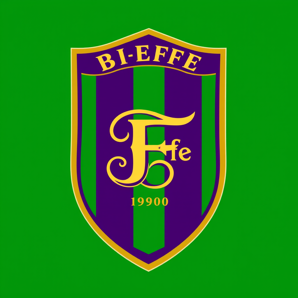 Main logo studio: Create a vintage historic football club crest for a fantasy football team called "BiEffe". Classic old-school soccer shield, vertical green and purple