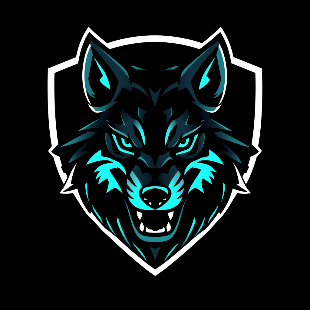 Main logo studio: bold esports team emblem logo, a roaring wolf head, black and neon teal