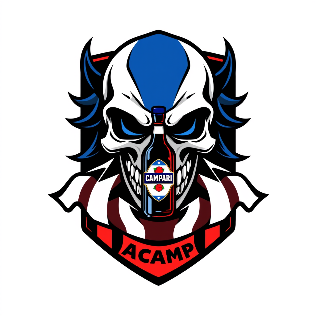 Main logo studio: Football team crest for “ATLETICO CAMPARI”, aggressive stylized skull wearing a football scarf, small Campari bottle integrated into the emblem, domin