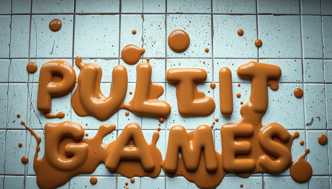 Main logo studio: white dirty tile floor, brown splattering animation of the words "PULTIT GAMES", use diarrhea-like fonts