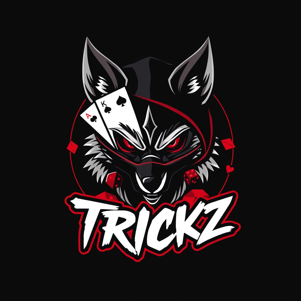 Main logo studio: “TRICKZ, urban streetwear crew logo, mysterious fox wearing a half mask, sharp eyes, playing cards and subtle dice elements, black and crimson red, ag