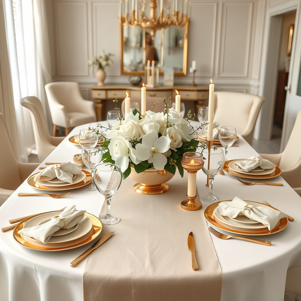 Main logo studio: Create a photorealistic, luxurious dining table setting featuring a timeless cream, ivory, beige, and champagne-gold color palette. Style the table wi