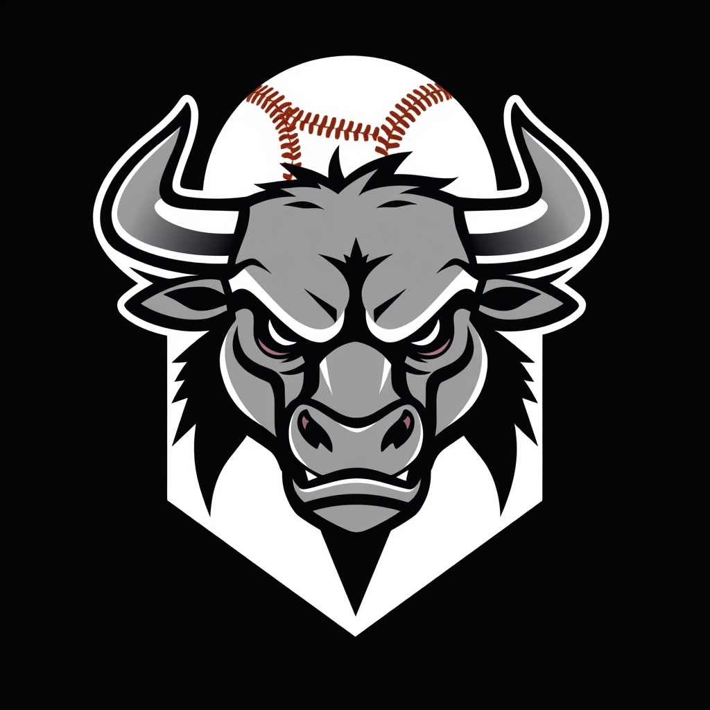 Main logo studio: aggressive American baseball team mascot, fierce bull head, bold symmetrical shape, clean vector-style sports logo, strong silhouette, limited colors,