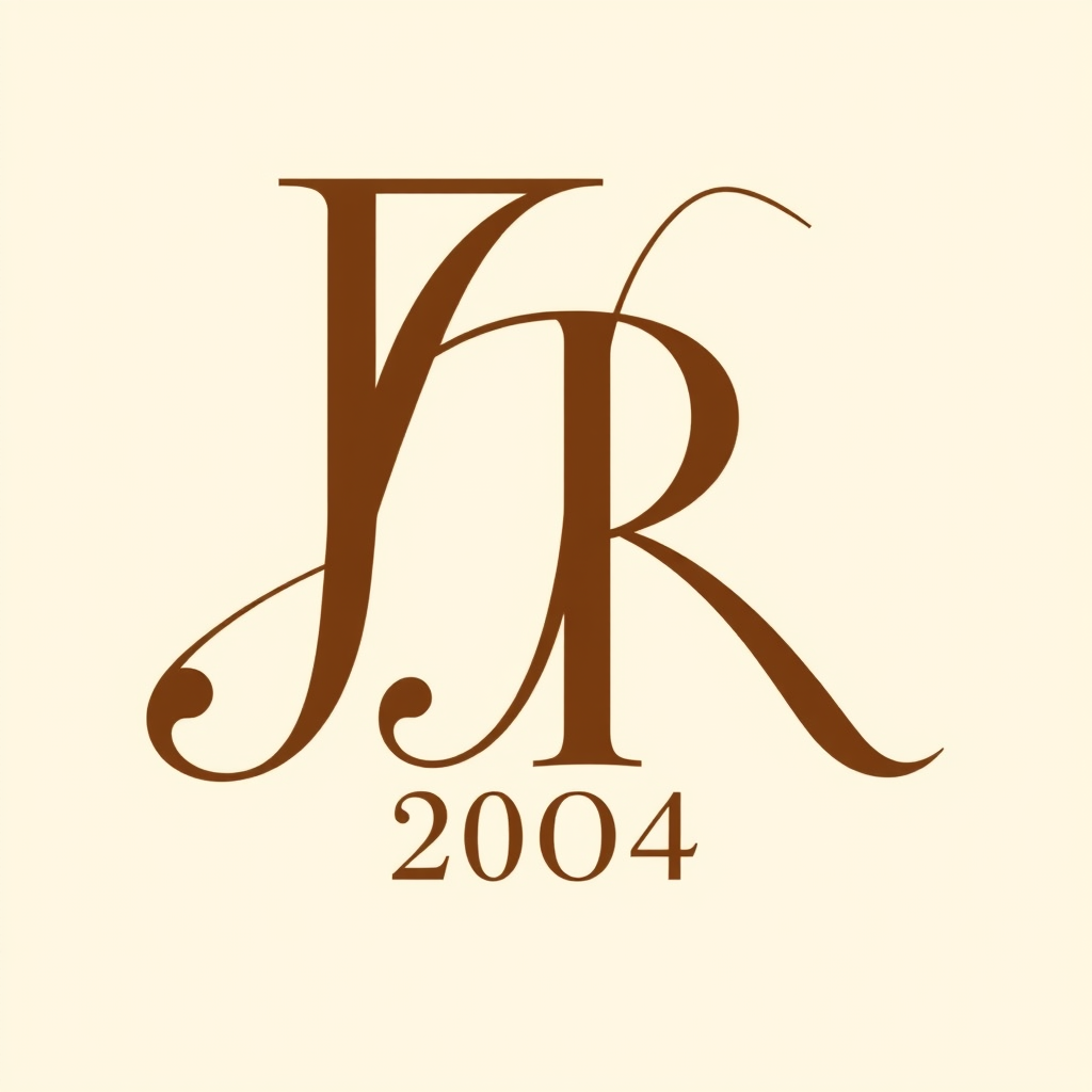 Monogram Logo idea: monogram logo combining the letters Minimal elegant monogram logo featuring intertwined letters “J” and “R” with “2004” subtly placed underneath. Fine
