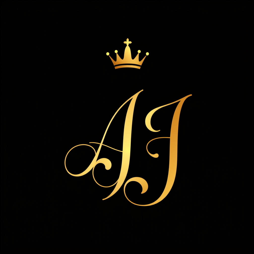 Main logo studio: Luxury high-fashion monogram logo using ONLY “AJ”. Create a unique intertwined A and J with elegant flowing curves, sophisticated serif typography and