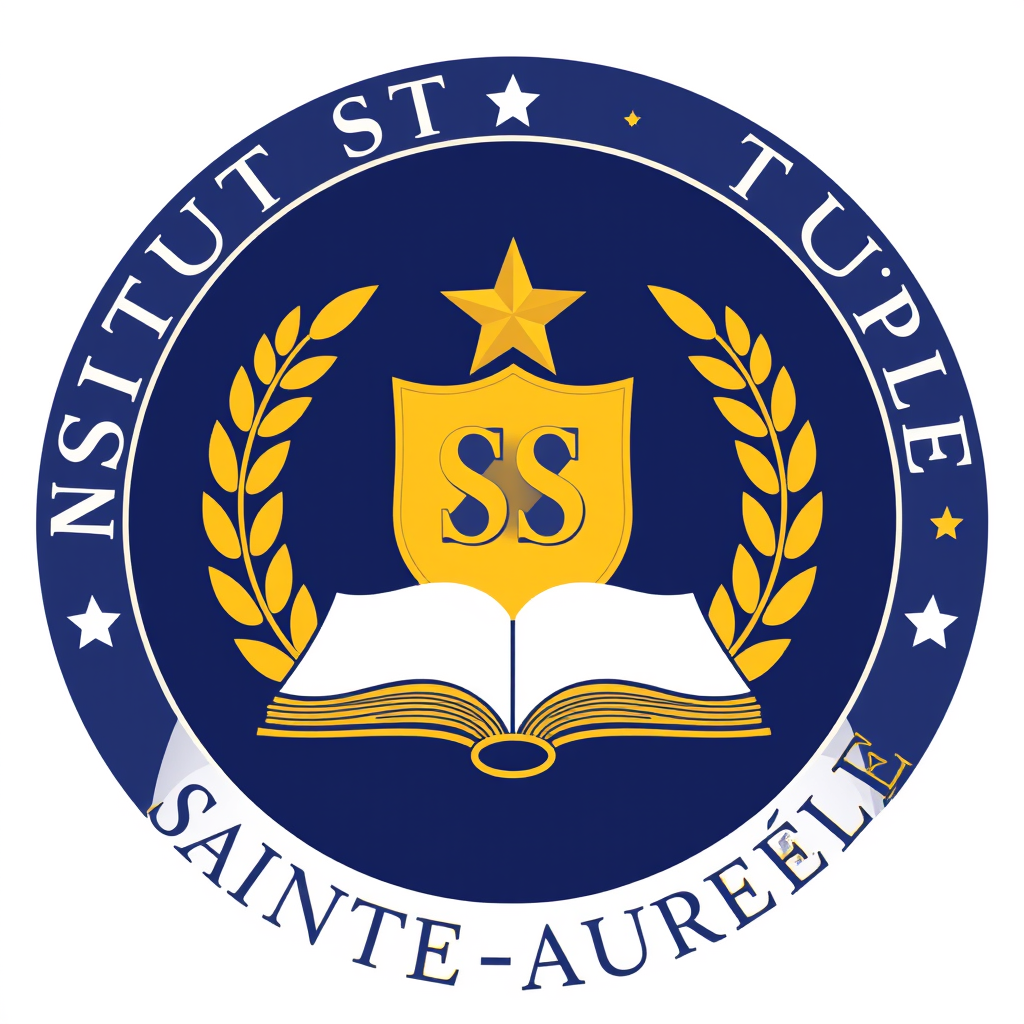 Main logo studio: Logo for “INSTITUT SAINTE-AURÈLE”, elegant navy blue and gold school crest, shield, open book, golden star, laurel branches, prestigious academy style